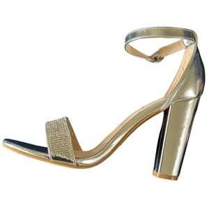 NWOT Silver Rhinestone Block Heel Sandals Open Toe Wrap Ankle Strappy US 7.5